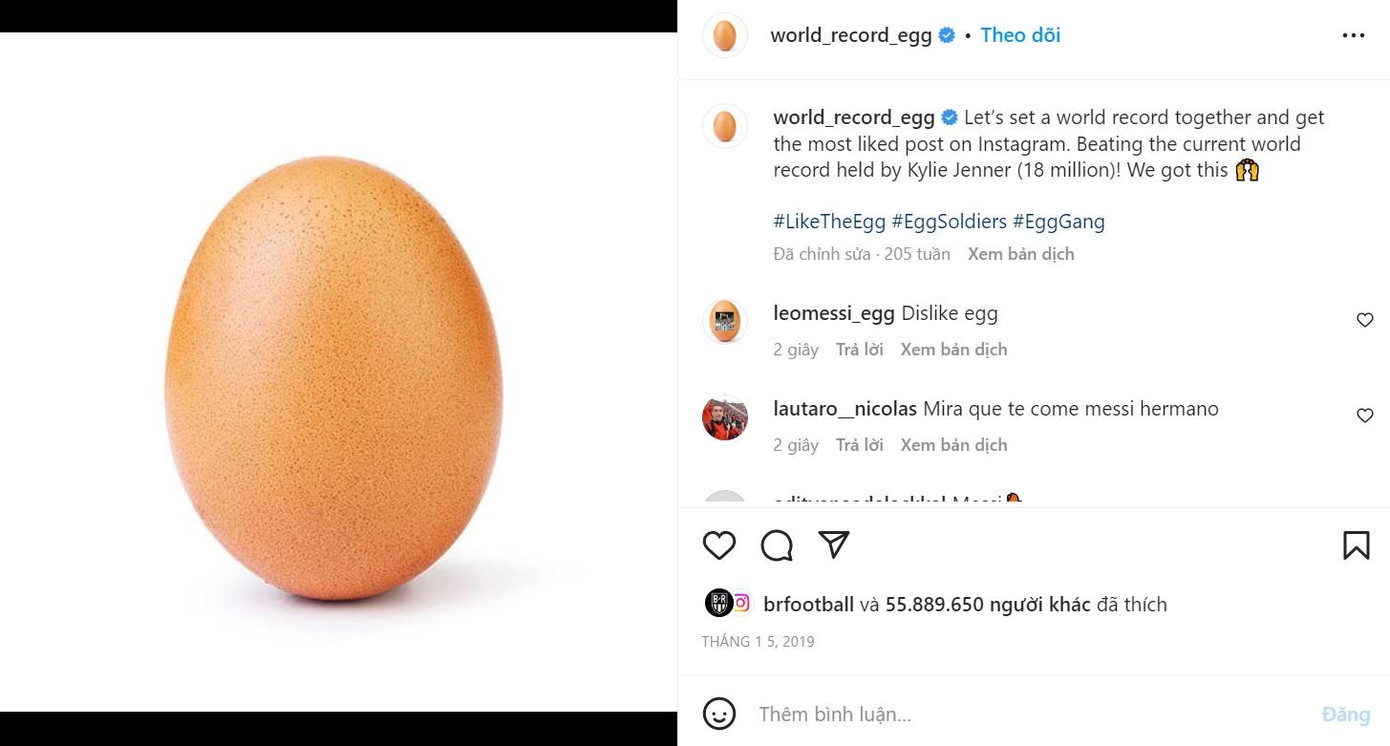 Hình ảnh quả trứng đang giữ kỷ lục được nhiều lượt yêu thích nhất trên Instagram