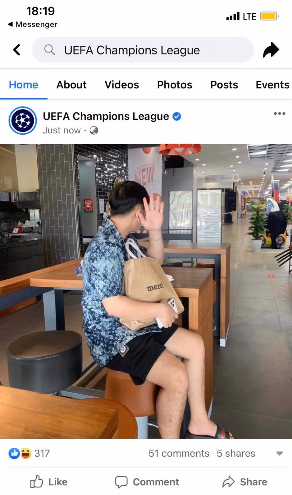Hình ảnh thanh niên giấu mặt trên trang Champions League. Ảnh chụp màn hình.