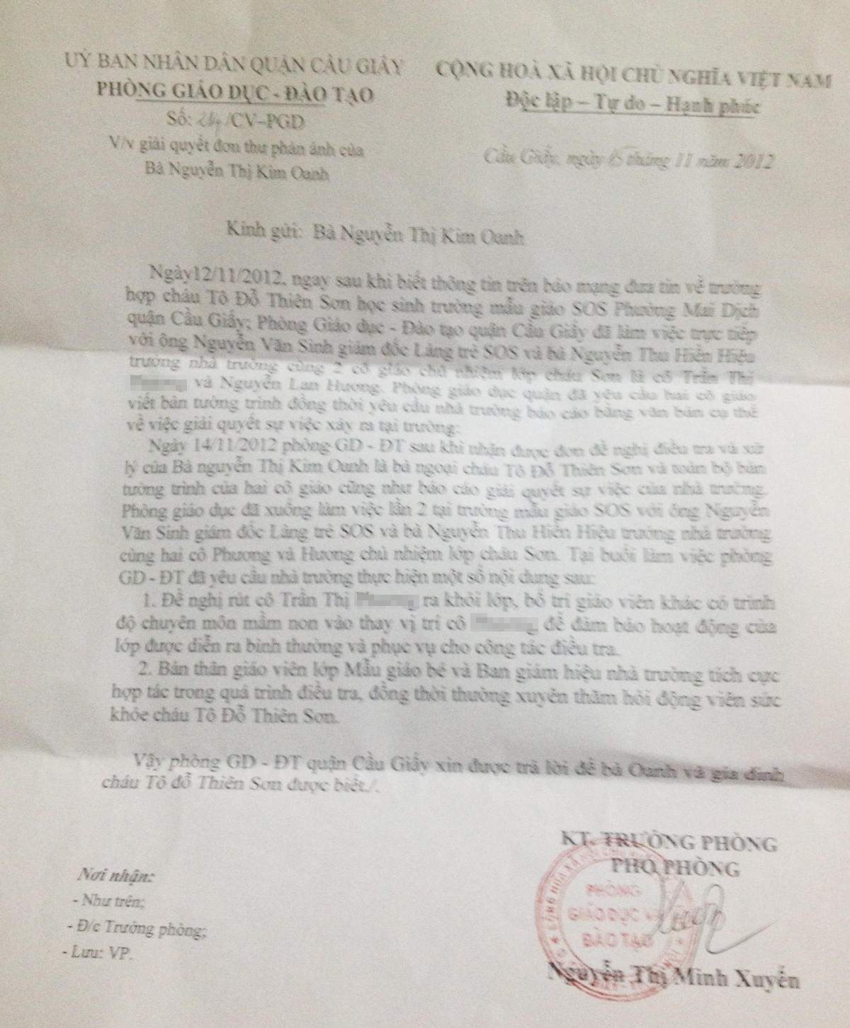 Thông báo của Phòng GD&ĐT quận Cầu Giấy gửi gia đình cháu Sơn về việc xử lý vụ việc