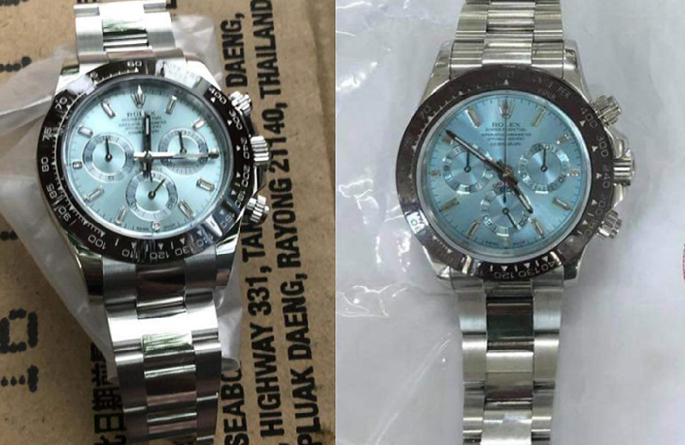 Chiếc đồng hồ Rolex thật (bên phải) và hàng nhái do Anh đánh tráo.