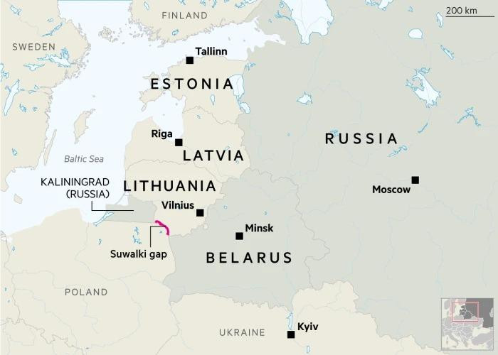 Lithuania có biên giới với Belarus và vùng Kaliningrad (Nga). Bản đồ: FT