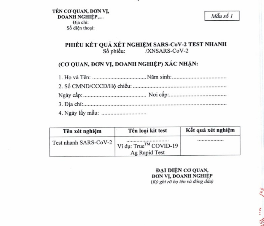 Mẫu kết quả xét nghiệm dành cho doanh nghiệp
