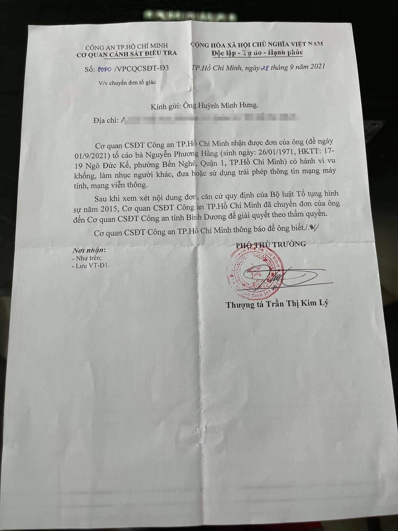 Công an TP.HCM chuyển đơn tố cáo đến Công an tỉnh Bình Dương