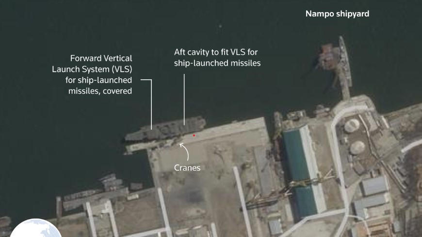 Hình ảnh tàu khu trục mới của Triều Tiên đang được chế tạo. (Ảnh: Planet Labs)