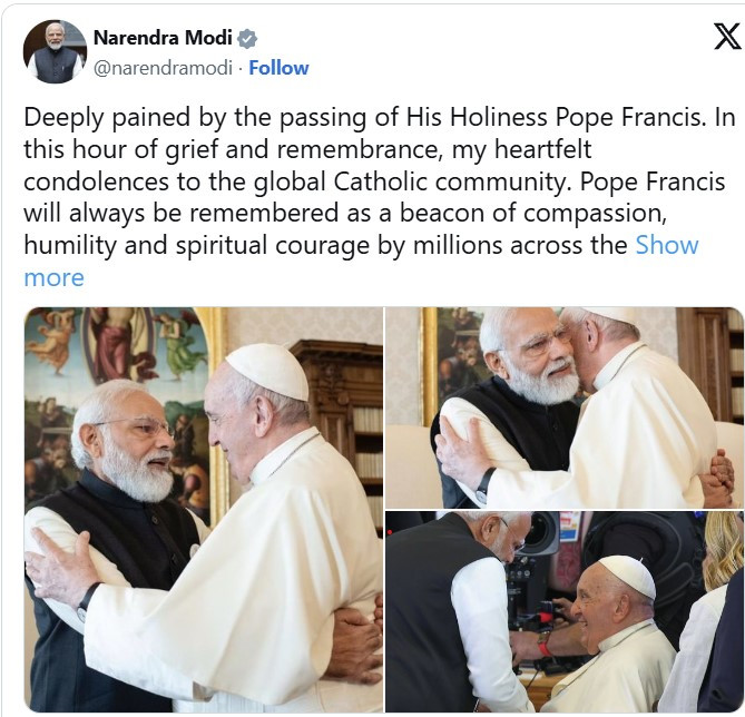 Thủ tướng Ấn Độ Narendra Modi đăng bài trên mạng xã hội X bày tỏ lòng tiếc thương Giáo hoàng Francis cùng với những bức ảnh ghi lại khoảnh khắc hai người gặp nhau. Thủ tướng Ấn Độ Narendra Modi đăng bài trên mạng xã hội X bày tỏ lòng tiếc thương Giáo hoàng Francis cùng với những bức ảnh ghi lại khoảnh khắc hai người gặp nhau.