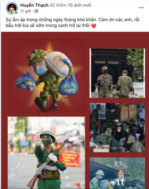 Diễn viên Huyền Thạch chia sẻ: “Sự ấm áp trong những ngày tháng khó khăn. Cảm ơn các anh, rồi bầu trời kia sẽ sớm trong xanh trở lại thôi”.