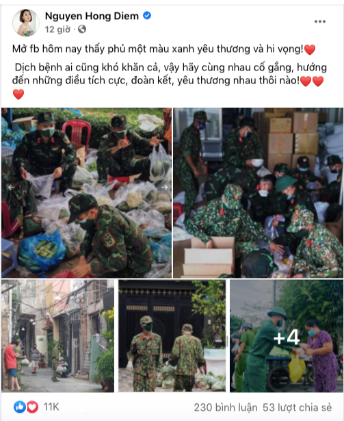 Hồng Diễm bày tỏ sự cảm kích khi những người lính hỗ trợ tiếp tế lương thực, giúp người dân chống dịch.