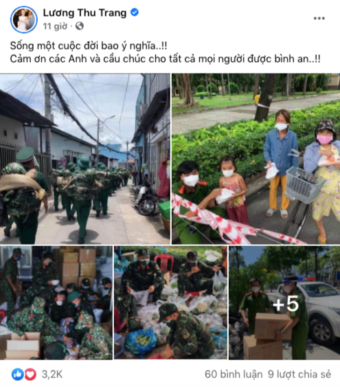 “Sống một cuộc đời bao ý nghĩa. Cảm ơn các anh và cầu chúc cho tất cả mọi người được bình an”- Lương Thu Trang viết.