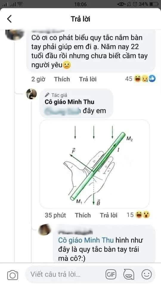 Lỗi sai cơ bản về quy tắc bàn tay trái, quy tắc bàn tay phải của cô giáo 9x khiến dân mạng tranh cãi.