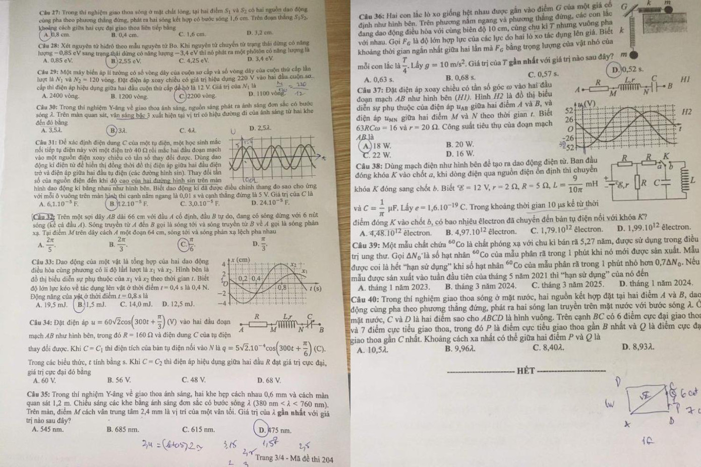 Đề thi môn Vật lý, bài thi tổ hợp Khoa học tự nhiên.