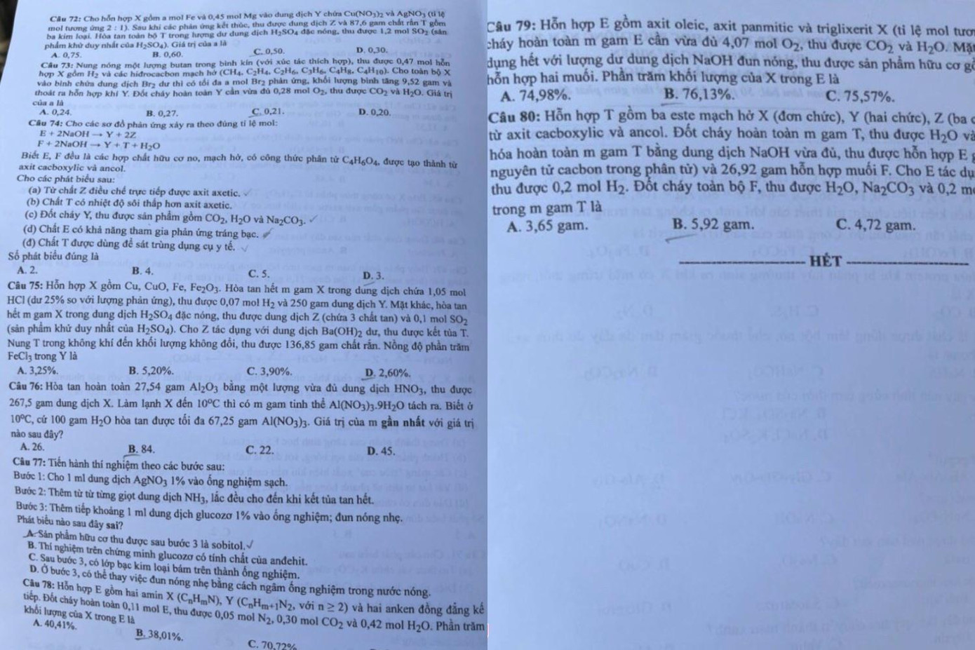 Đề thi môn Hóa học, bài thi tổ hợp Khoa học tự nhiên.