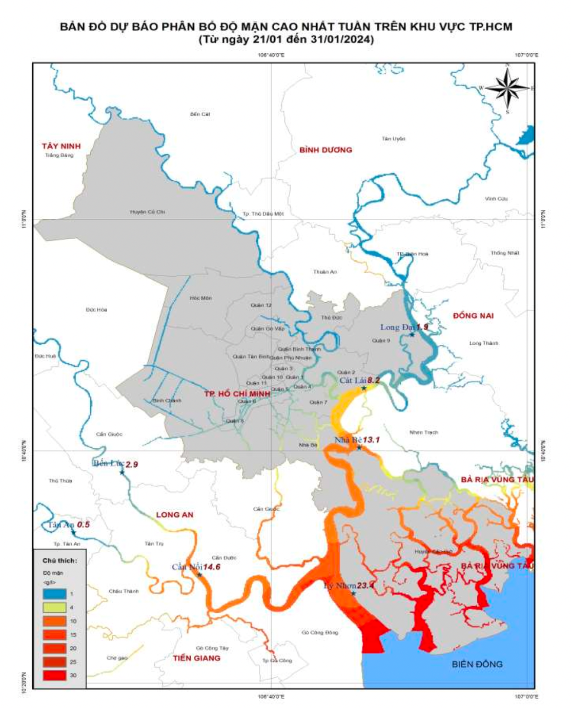 Bản đồ dự báo phân bố độ mặn cao nhất tuần trên khu vực TPHCM (từ ngày 21/1 đến ngày 31/1). Nguồn: Đài Khí tượng Thủy văn khu vực Nam bộ