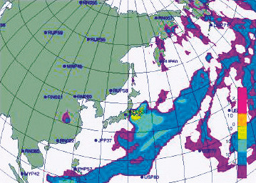Đám mây đen kéo dài từ Fukushima (vùng đánh dấu) đến vùng biển còn cách xa Việt Nam (X), vùng mây đen sẫm được cho là có nhiều phóng xạ