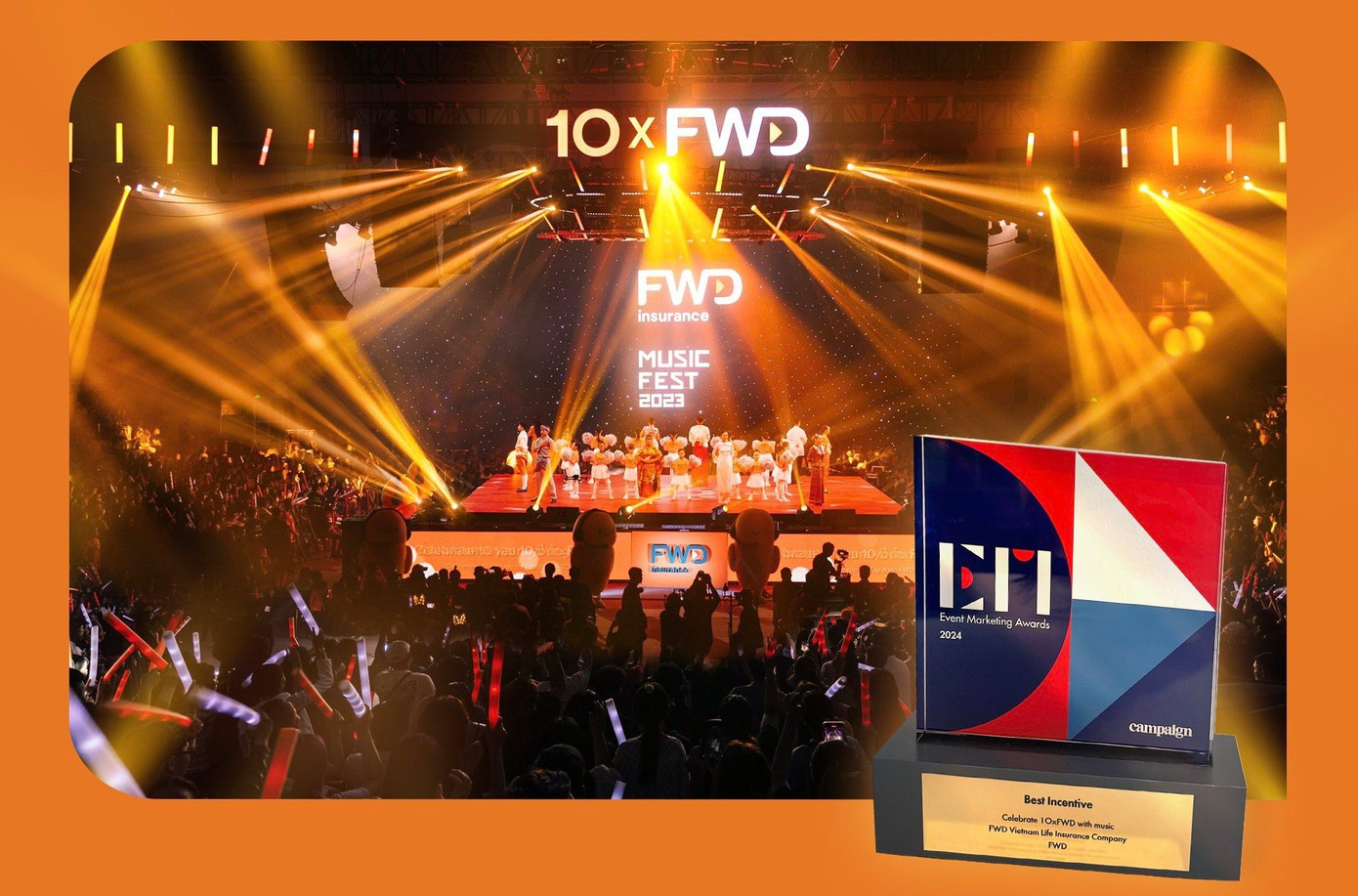 Với thành công của FWD Music Fest 2023, FWD Việt Nam được vinh danh trong giải thưởng Event-Marketing Awards Châu Á tại hạng mục “Best Incentive”. Với thành công của FWD Music Fest 2023, FWD Việt Nam được vinh danh trong giải thưởng Event-Marketing Awards Châu Á tại hạng mục “Best Incentive”.