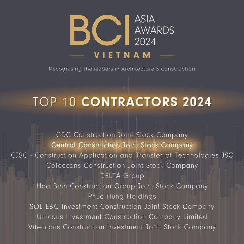 Công ty Cổ phần Xây dựng Central lọt Top 10 Nhà thầu Xây dựng Hàng đầu Việt Nam năm 2024. Ảnh: BCI Asia Awards công bố