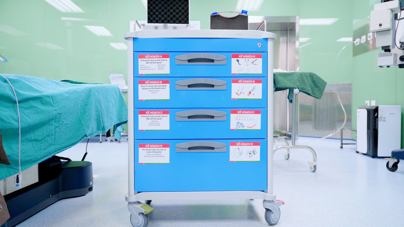 Hệ thống “Xe cấp cứu đường thở khó” được Bệnh viện Hồng Ngọc thiết kế đầy đủ, tương ứng với bốn kế hoạch trong cấp cứu gây mê. Hệ thống “Xe cấp cứu đường thở khó” được Bệnh viện Hồng Ngọc thiết kế đầy đủ, tương ứng với bốn kế hoạch trong cấp cứu gây mê.