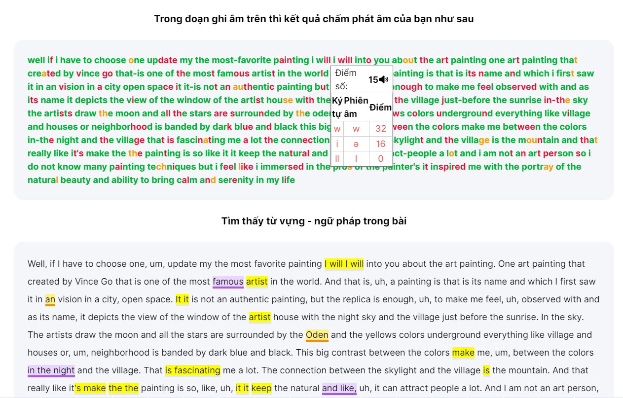 Giao diện chấm điểm phòng Speaking ảo của Prep - Trả điểm cho bạn ngay lập tức, chỉ ra lỗi sai cực chi tiết