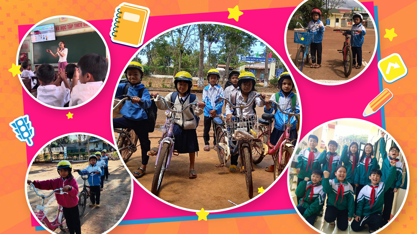 Các em học sinh tích cực hưởng ứng chiến dịch tham gia giao thông an toàn.