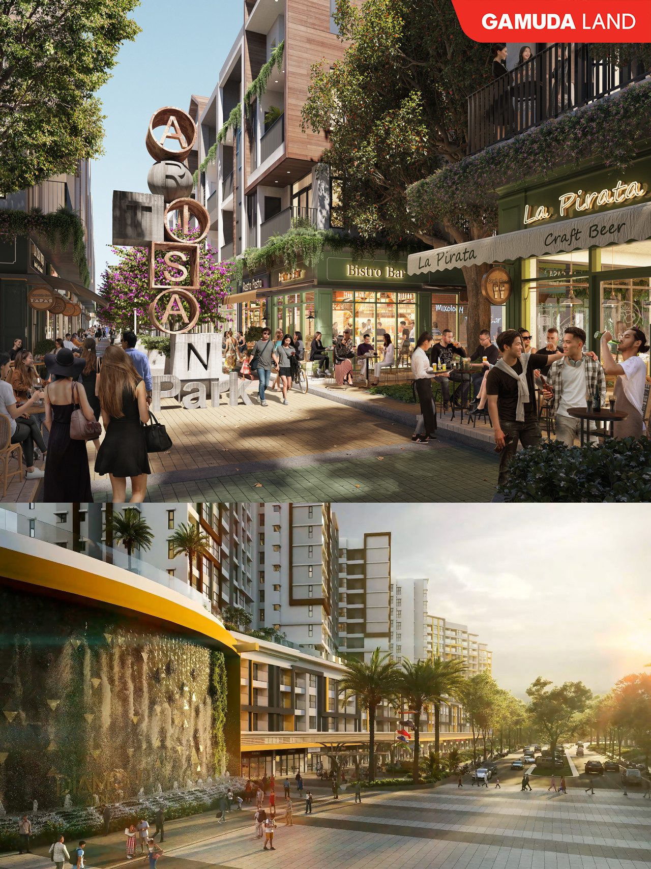 Phối cảnh thương phố Artisan Park tại thành phố mới Bình Dương (ảnh trên) và Celadon Boulevard tại Celadon City, TP HCM (ảnh dưới). Nguồn: Gamuda Land VN