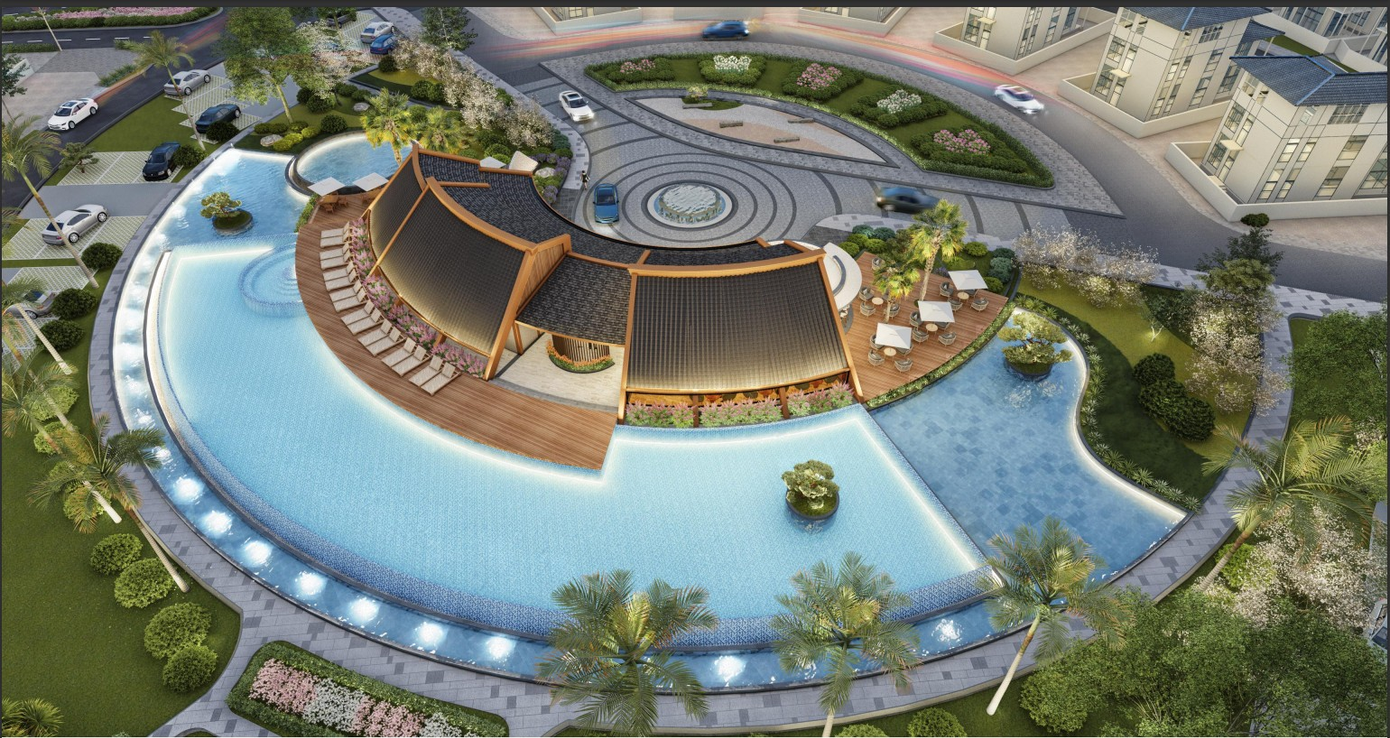 Quảng trường Mặt trời với bể bơi vô cực - 1 trong 3 tiện ích biểu tượng tại trung tâm Heian Villas (Ảnh: Lynn Times Thanh Thủy)