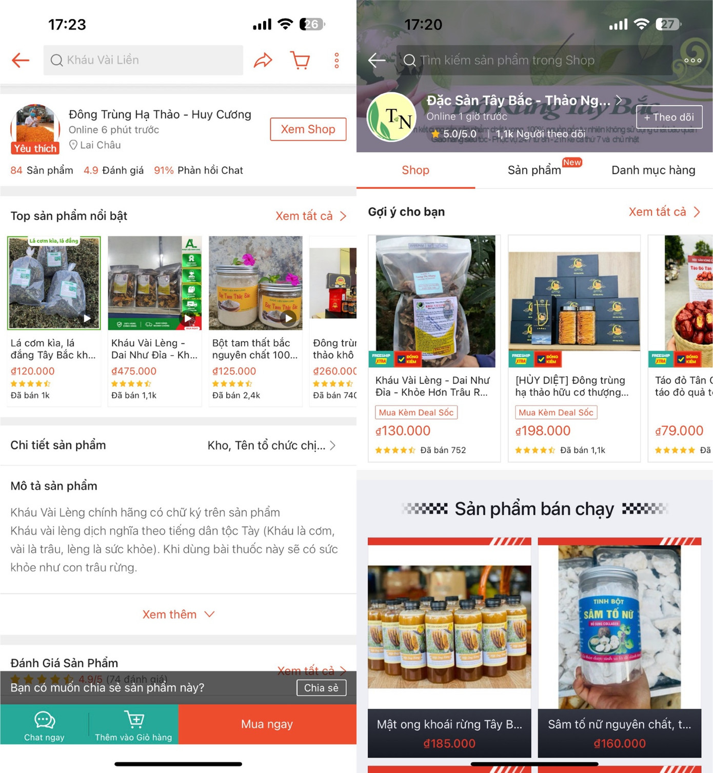 Gian hàng Đông Trùng Hạ Thảo - Huy Cương ở Lai Châu và Đặc Sản Tây Bắc - Thảo Nguyên, bán sản phẩm Kháu vài lèng giả.