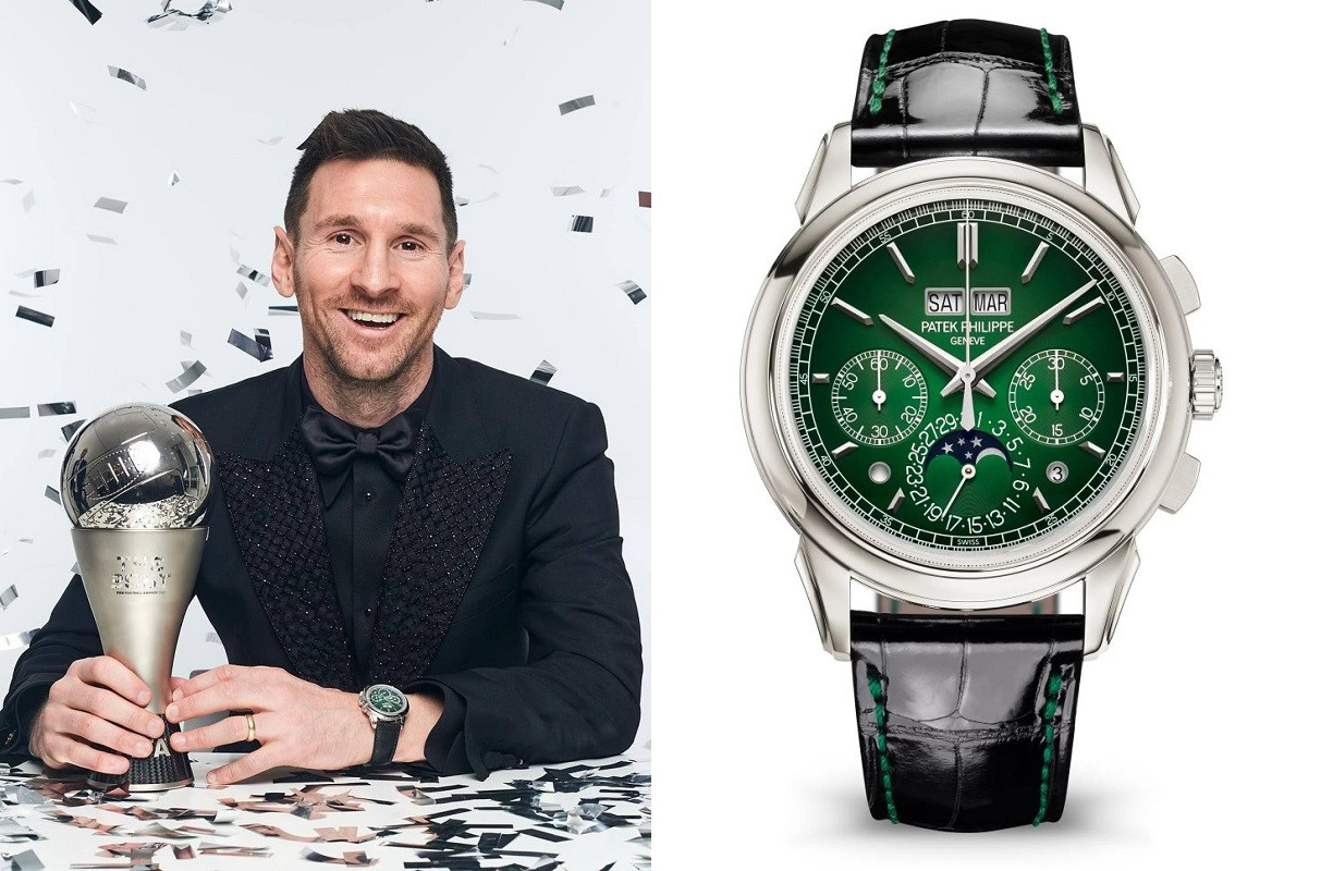 Messi đeo đồng hồ Patek Philippe Perpetual Calendar 5270P vào khoảnh khắc nhận giải Cầu thủ xuất sắc nhất. Ảnh: IG. Messi đeo đồng hồ Patek Philippe Perpetual Calendar 5270P vào khoảnh khắc nhận giải Cầu thủ xuất sắc nhất. Ảnh: IG.