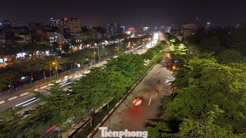 Hình ảnh tại khu vực đường vành đai tại khu vực Cầu Giấy về đêm với màu xanh phủ kín của cây xanh đô thị.