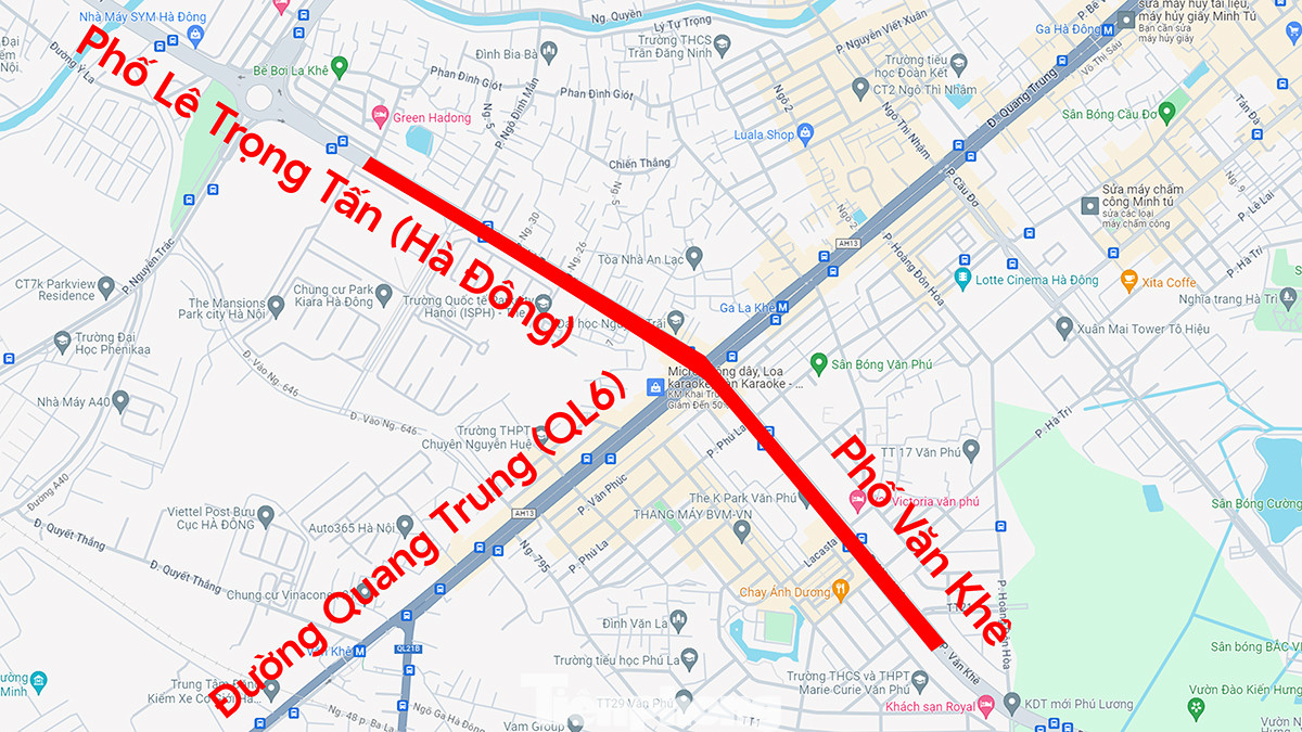 Vị trí dự kiến được xây dựng cầu vượt hoặc hầm chui ở nút giao phố Lê Trọng Tấn - phố Văn Khê - Quang Trung (QL6).