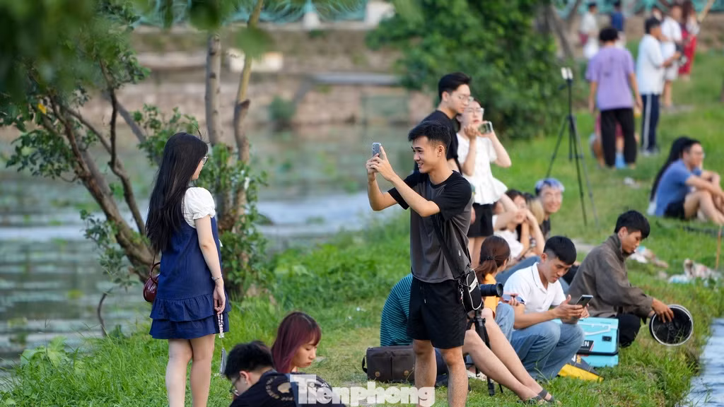 Đoạn đê giữa mặt nước Hồ Tây và những đầm sen luôn là địa điểm được nhiều bạn trẻ lựa chọn chụp hình vào những buổi chiều hè.