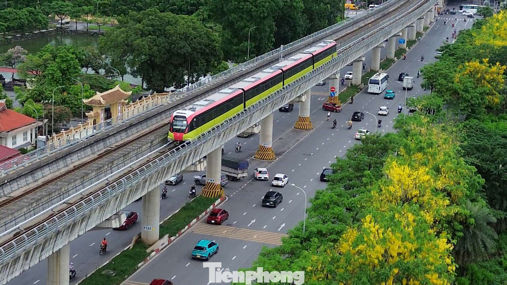 10 đoàn tàu tuyến đường sắt trên cao Nhổn - ga Hà Nội đang đi qua những con phố đầy sắc hoa mùa hạ của Hà Nội.