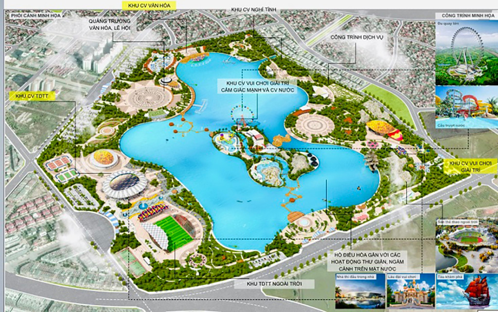 Phối cảnh tổng thể dự án: Khu công viên vui chơi giải trí bao gồm 33 khu như vườn mê cung, vườn hoa tam sắc, quảng trường vui chơI, đồi cảnh, nhà thiếu nhi, bảo tàng thiên nhiên…