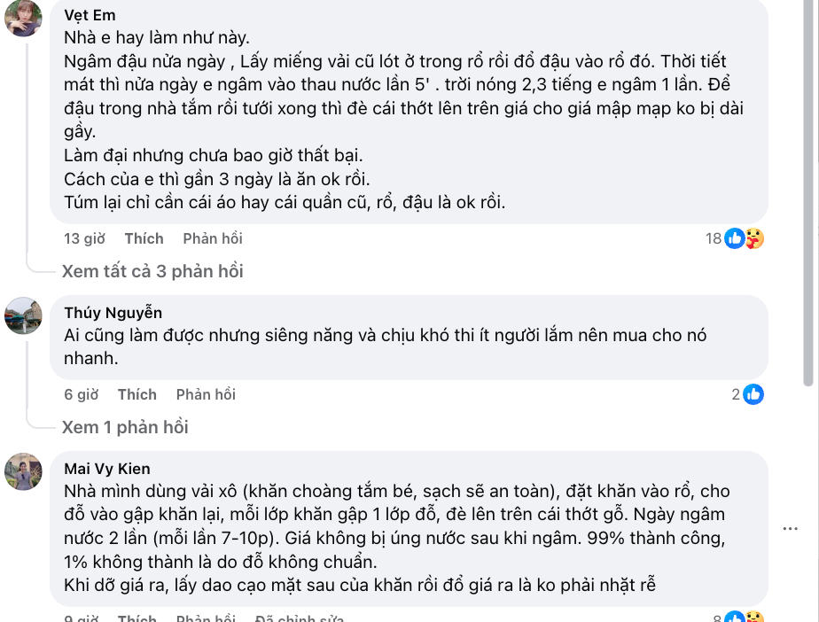 Cộng đồng mạng chia sẻ cách làm giá đỗ nhanh gọn tại nhà. Ảnh: FB