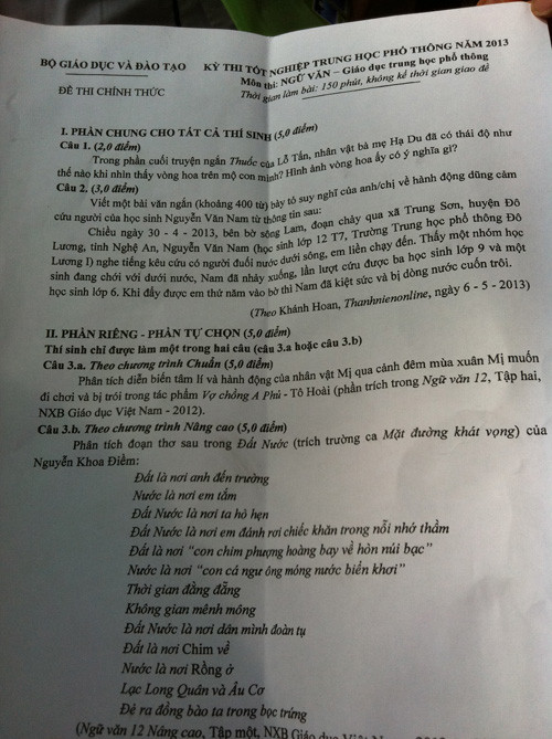 Đề thi tốt nghiệp THPT môn Ngữ văn. Ảnh: Đỗ Hợp