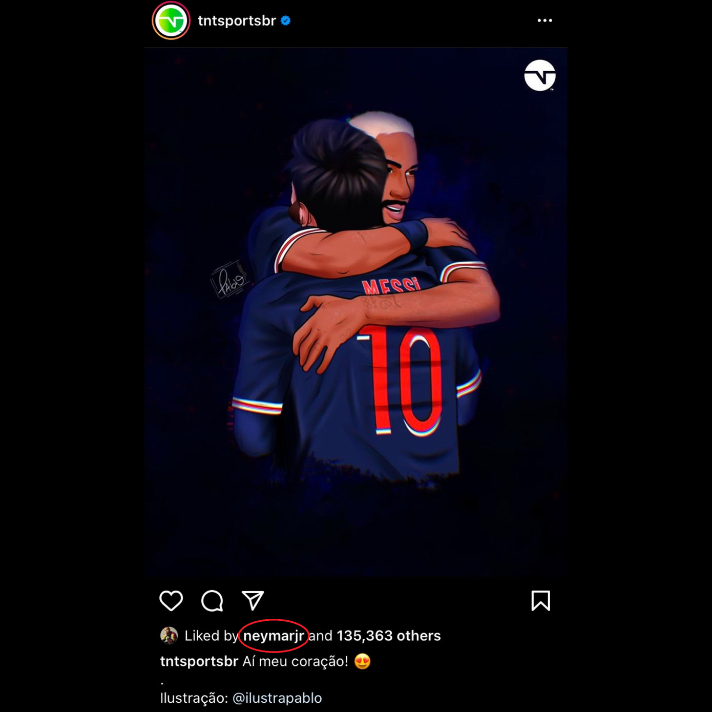 Neymar like bức hình anh tái hợp Messi trong màu áo PSG do TNT Sports đăng tải. Neymar like bức hình anh tái hợp Messi trong màu áo PSG do TNT Sports đăng tải.