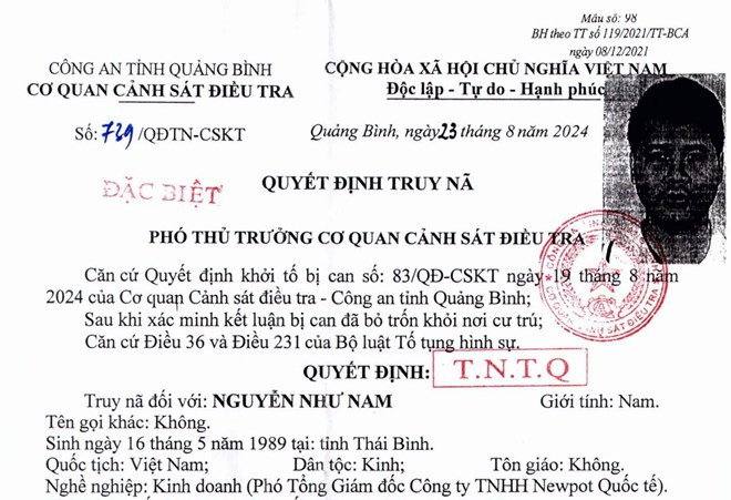 Quyết định truy nã đặc biệt đối với Nguyễn Như Nam.