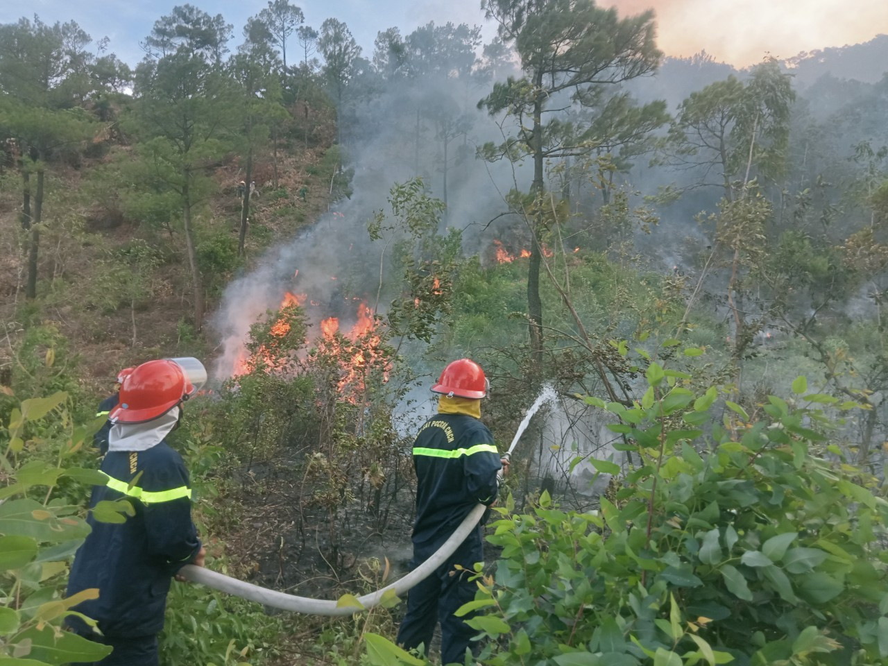 Lực lượng chức năng đang nỗ lực dập tắt đám cháy Lực lượng chức năng đang nỗ lực dập tắt đám cháy