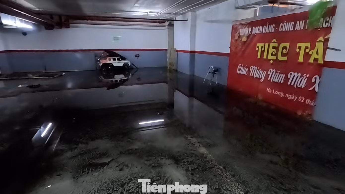 Nước cuốn theo bùn đất đổ xuống toàn bộ hai tầng hầm của chung cư.
