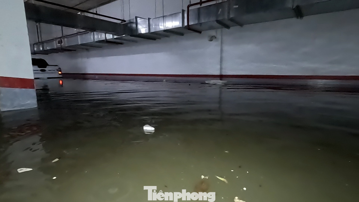 Sau trận mưa, toàn bộ tầng hầm số một của chung cư bị ngập khiến một chiếc bán tải bị mắc kẹt bên trong.