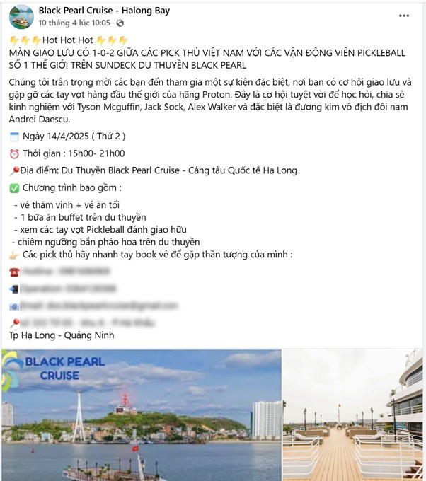 Fanpage của tàu Black Pearl Cruise chia sẻ về buổi giao hữu Pickleball trên vịnh Hạ Long và có sự tham gia của người nước ngoài. Ảnh chụp màn hình.