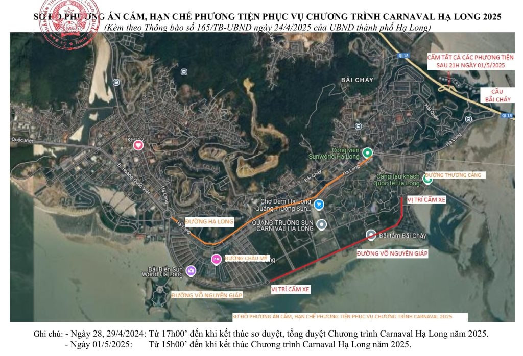 Sơ đồ chi tiết các tuyến đường bị cấm và hạn chế di chuyển để phục vụ chương trình Carnaval Hạ Long 2025.