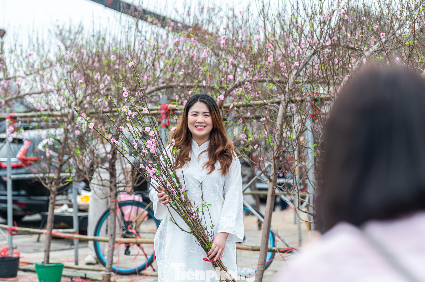 Ghi nhận của PV báo Tiền Phong, các gian hàng cây cảnh như đào, quất, mai vàng là nơi thu hút được nhiều bạn trẻ tới chụp ảnh.