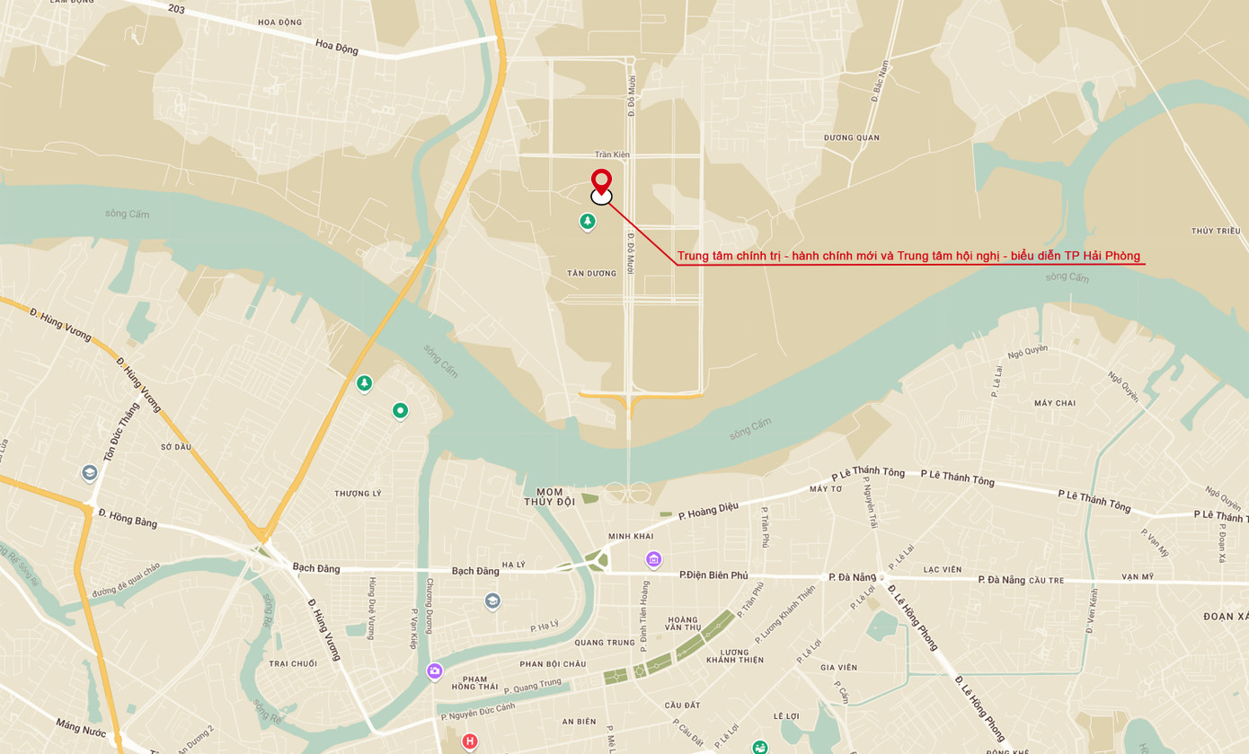 Vị trí hai công trình của Hải Phòng nằm tại Khu đô thị Bắc sông Cấm (chấm đỏ) thuộc huyện Thủy Nguyên. Ảnh: Google Maps.