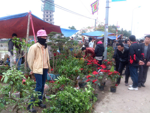 Hai bên đường, người dân bày bán la liệt các loại cây cảnh, dụng cụ lao động, đồ chơi, đồ dùng gia đình...