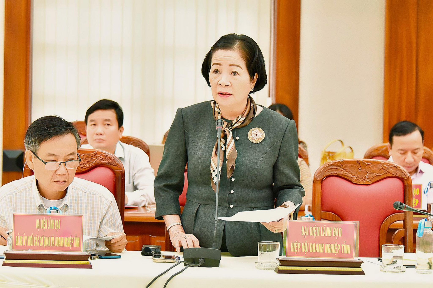 Chủ tịch Hiệp hội Doanh nghiệp tỉnh Gia Lai Nguyễn Thị Sen phát biểu Ảnh: Đức Thuỵ