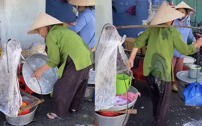 Hình ảnh dì Ba Lan và gánh chuối xào bị đổ.