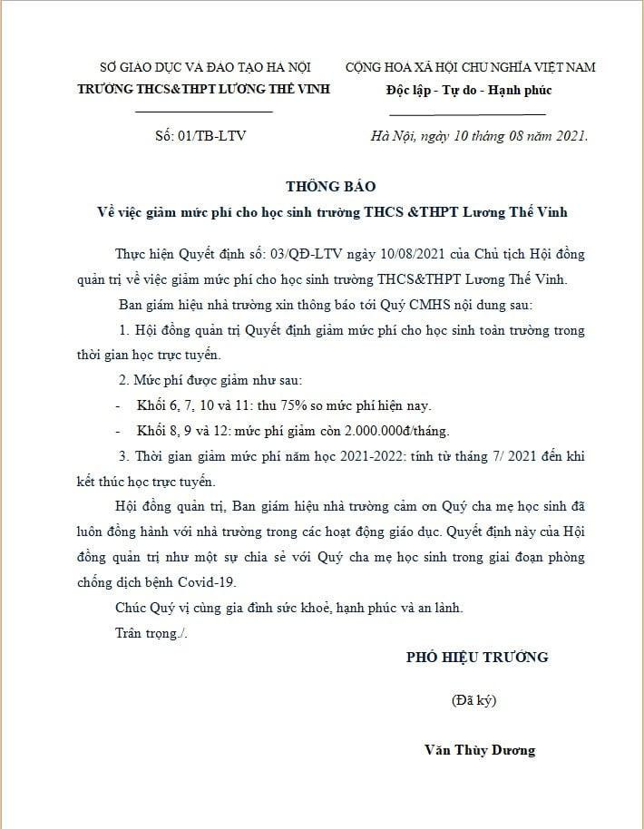 Thông báo giảm học phí khi học online của THCS - THPT Lương Thế Vinh. Thông báo giảm học phí khi học online của THCS - THPT Lương Thế Vinh.