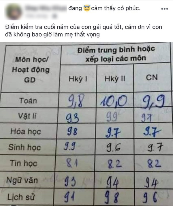 Một bài chia sẻ kết quả thi học kỳ của phụ huynh. (Ảnh: Internet) Một bài chia sẻ kết quả thi học kỳ của phụ huynh. (Ảnh: Internet)