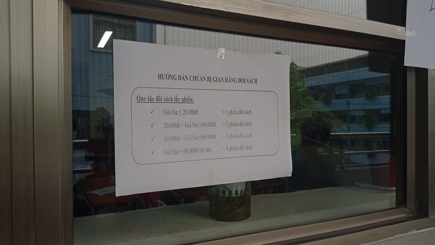 Quy tắc đổi phiếu được dán ở các lớp để học sinh dễ dàng chuẩn bị đúng. Quy tắc đổi phiếu được dán ở các lớp để học sinh dễ dàng chuẩn bị đúng.