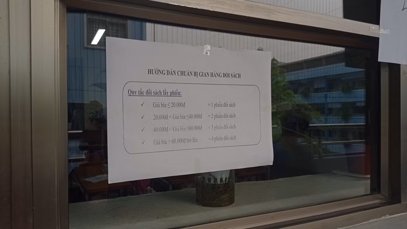 Quy tắc đổi phiếu được dán ở các lớp để học sinh dễ dàng chuẩn bị đúng.
