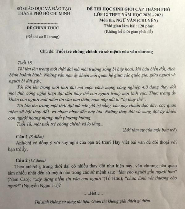 Đề thi Văn chuyên trong kỳ thi HSG năm nay được đánh giá là hay và ý nghĩa.